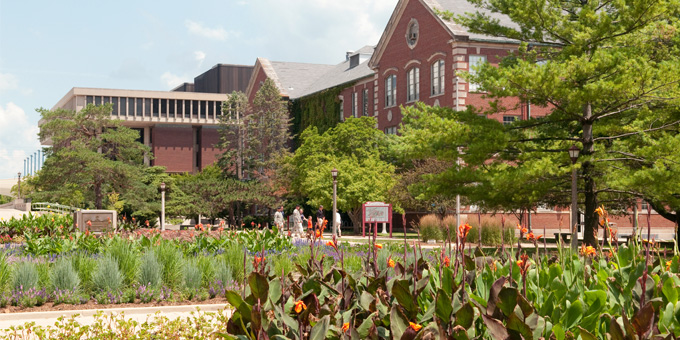 On campus shot in the Spring facing Schroeder Hall